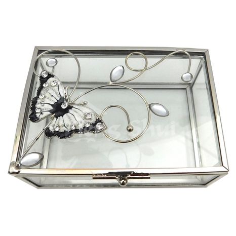 Šperkovnice s motýlem, kov + sklo